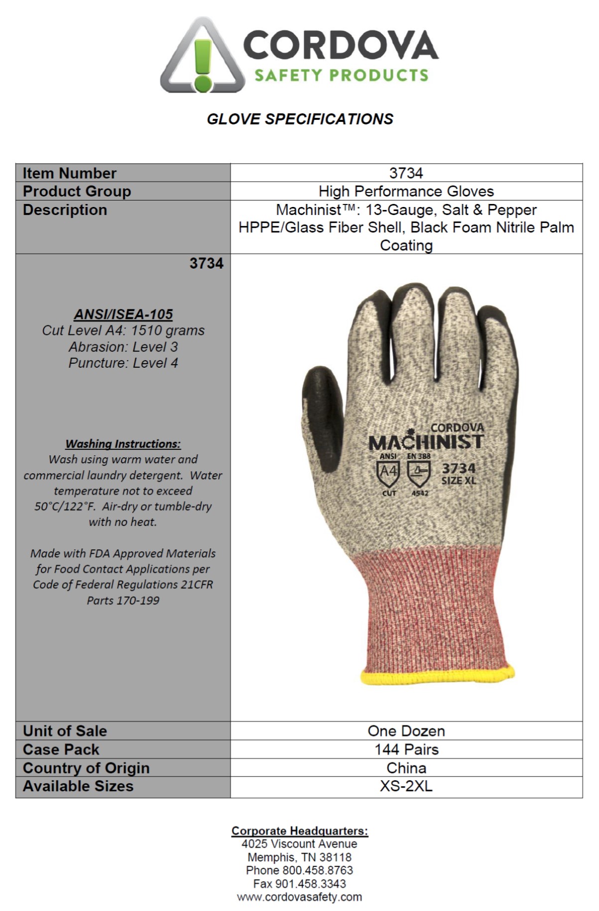 Cordova 3734 Machinist ANSI A4 Cut Resistant Gloves For Hand Protection